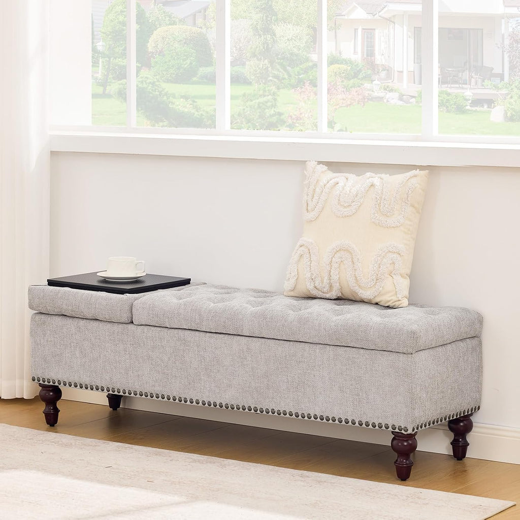 55 Inch Storage Bench for Bedroom, Tufted Upholstered Ottoman with 2 Compartments and Wood Legs, Rectangular End of Bed Bench for King or Queen Size Bed, Light Grey Fabric
