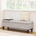 55 Inch Storage Bench for Bedroom, Tufted Upholstered Ottoman with 2 Compartments and Wood Legs, Rectangular End of Bed Bench for King or Queen Size Bed, Light Grey Fabric