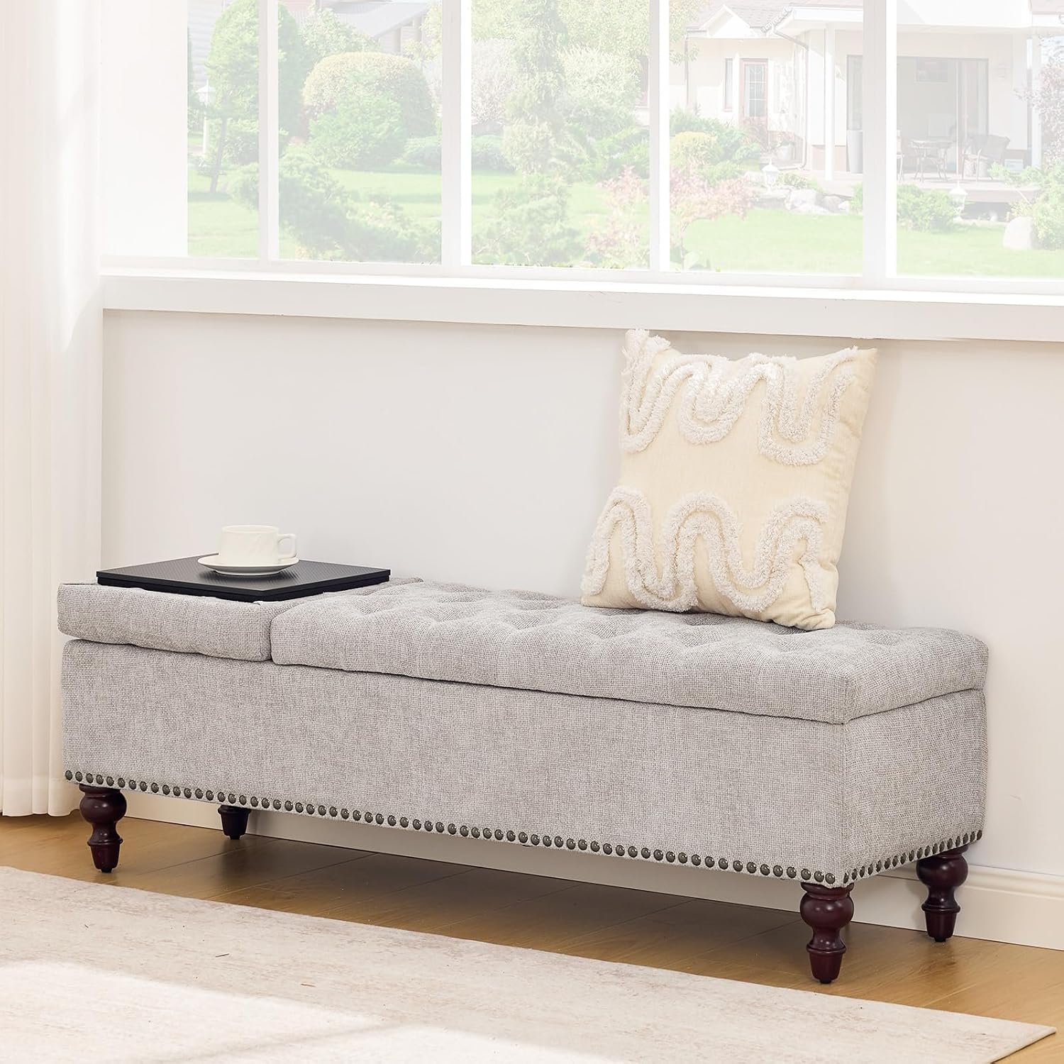 55 Inch Storage Bench for Bedroom, Tufted Upholstered Ottoman with 2 Compartments and Wood Legs, Rectangular End of Bed Bench for King or Queen Size Bed, Light Grey Fabric