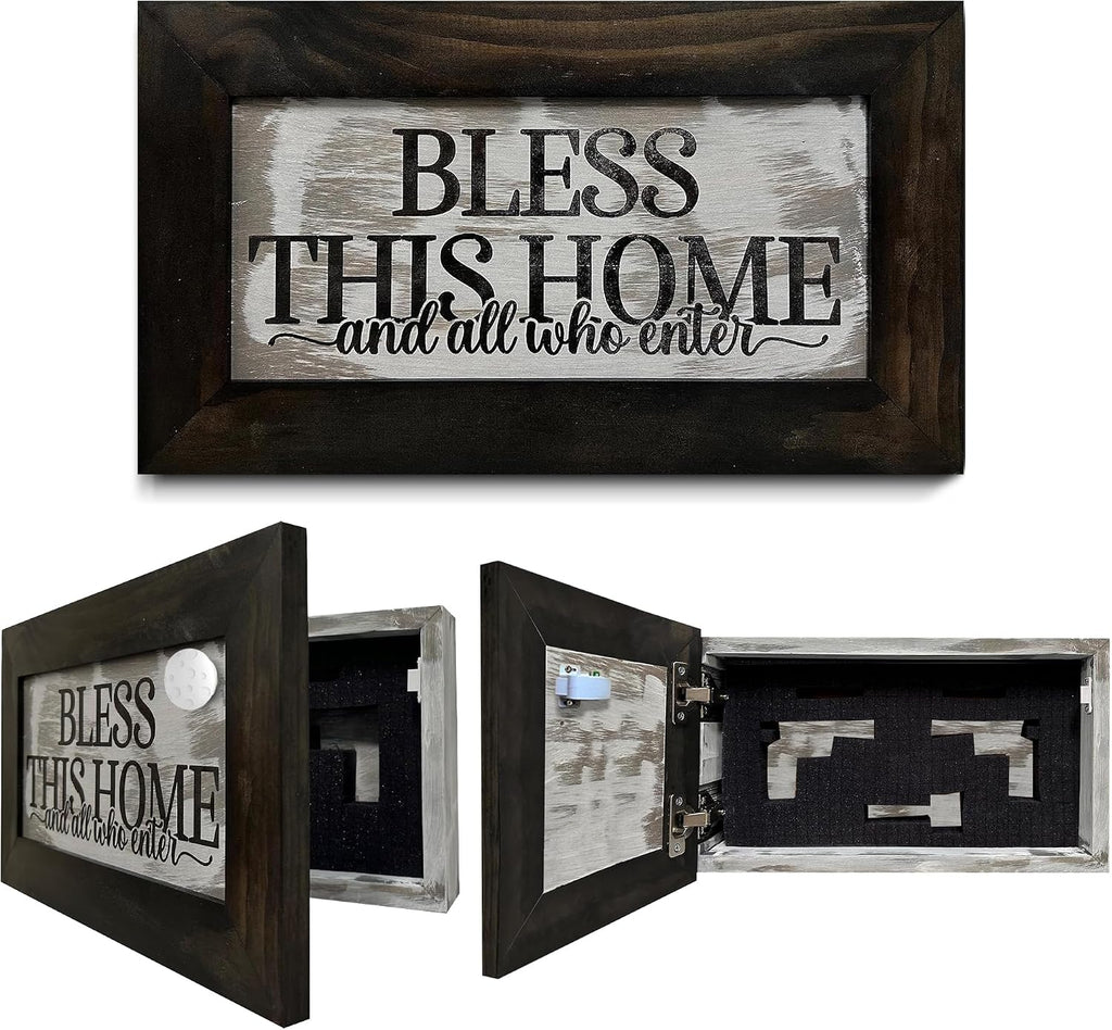 Bless This Home and All Who Enter Hidden Gun Storage Wall Decor - Hand-Painted Gun Concealment Decor - Gun Shelf Hidden Storage with Magnetic Lock for Quick Access - Made In USA by Bellewood Designs