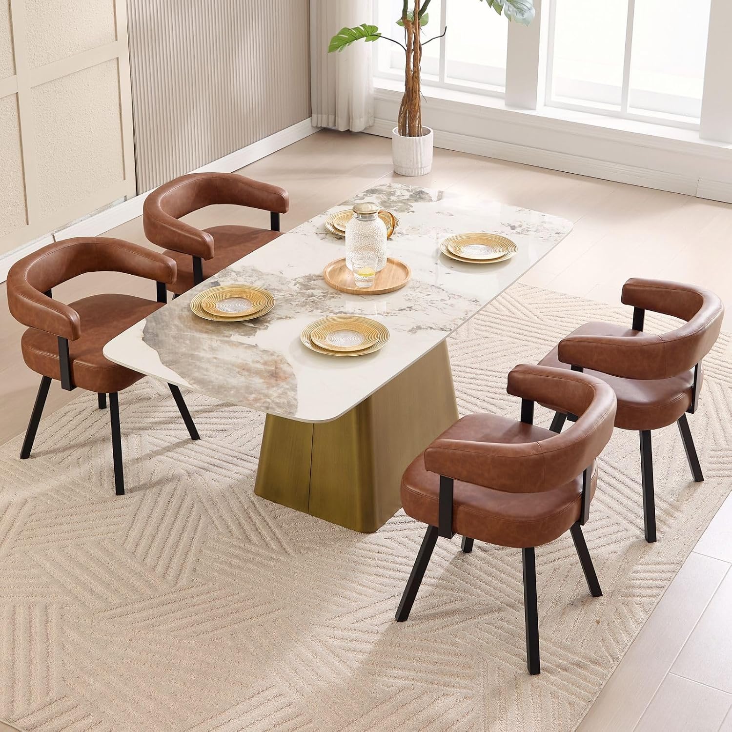 LukeAlon PU Leather Dining Chairs Set of 2, Simple Upholstered Side Chair with Padded Open Barrel Back Modern Guest Chair Home Office Desk Chairs with Black Metal Legs for Kitchen Dining Room, Brown