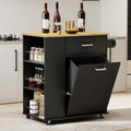 HQZX Rolling Kitchen Island with Trash Can Storage, Black | Portable & Movable & Lockable Wheels, Towel Rack & Spice Rack, Tilt Out Trash Can Cabinet with Drawer, Mobile Island Cart