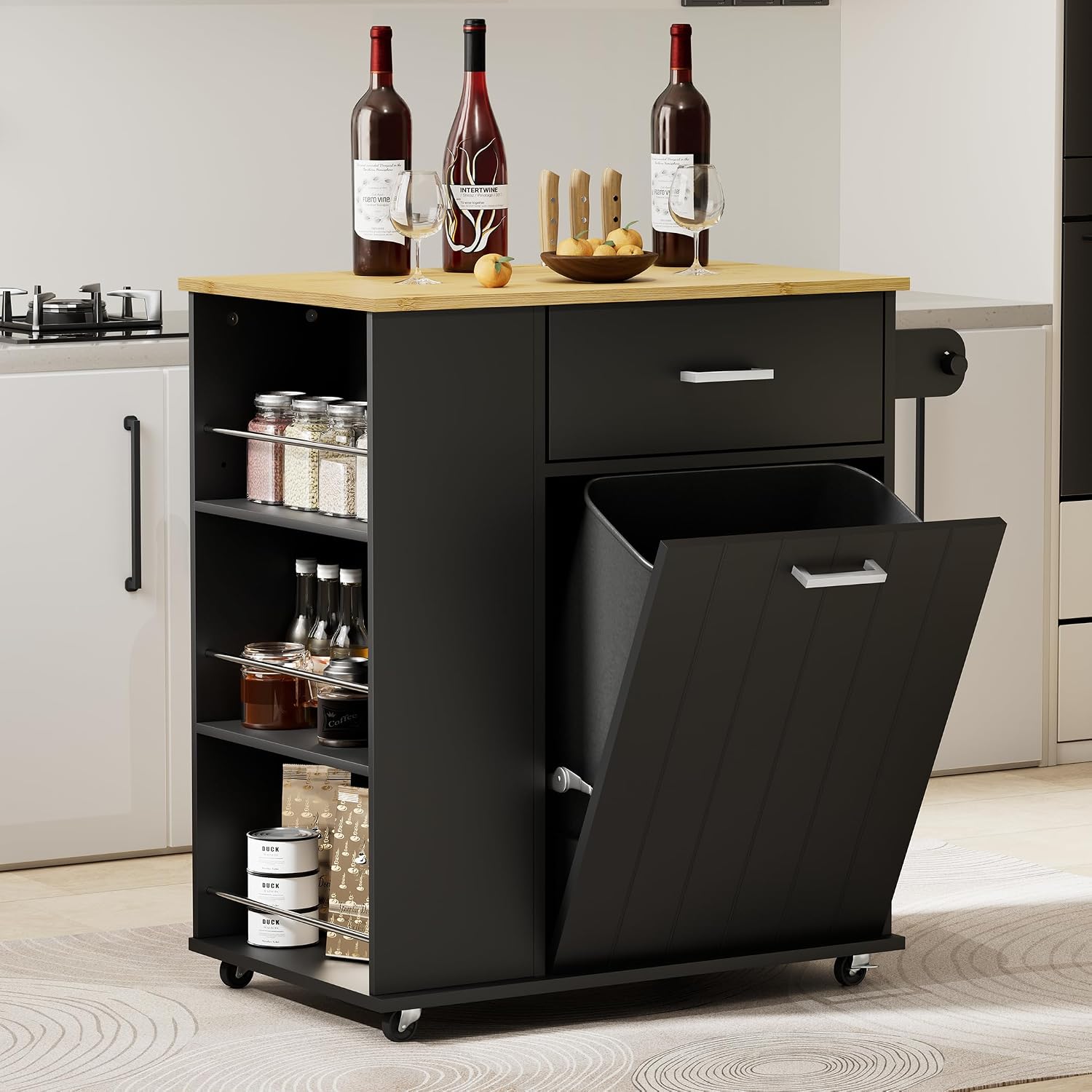 HQZX Rolling Kitchen Island with Trash Can Storage, Black | Portable & Movable & Lockable Wheels, Towel Rack & Spice Rack, Tilt Out Trash Can Cabinet with Drawer, Mobile Island Cart