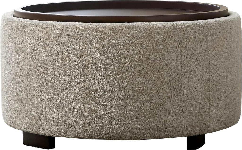Zihanhome 30 Inch Round Storage Ottoman, Ottoman Coffee Table with Lift Off Lid, Boucle Modern Ottomans with Storage for Living Room, Bedroom, Apartments (Light Brown Striped)