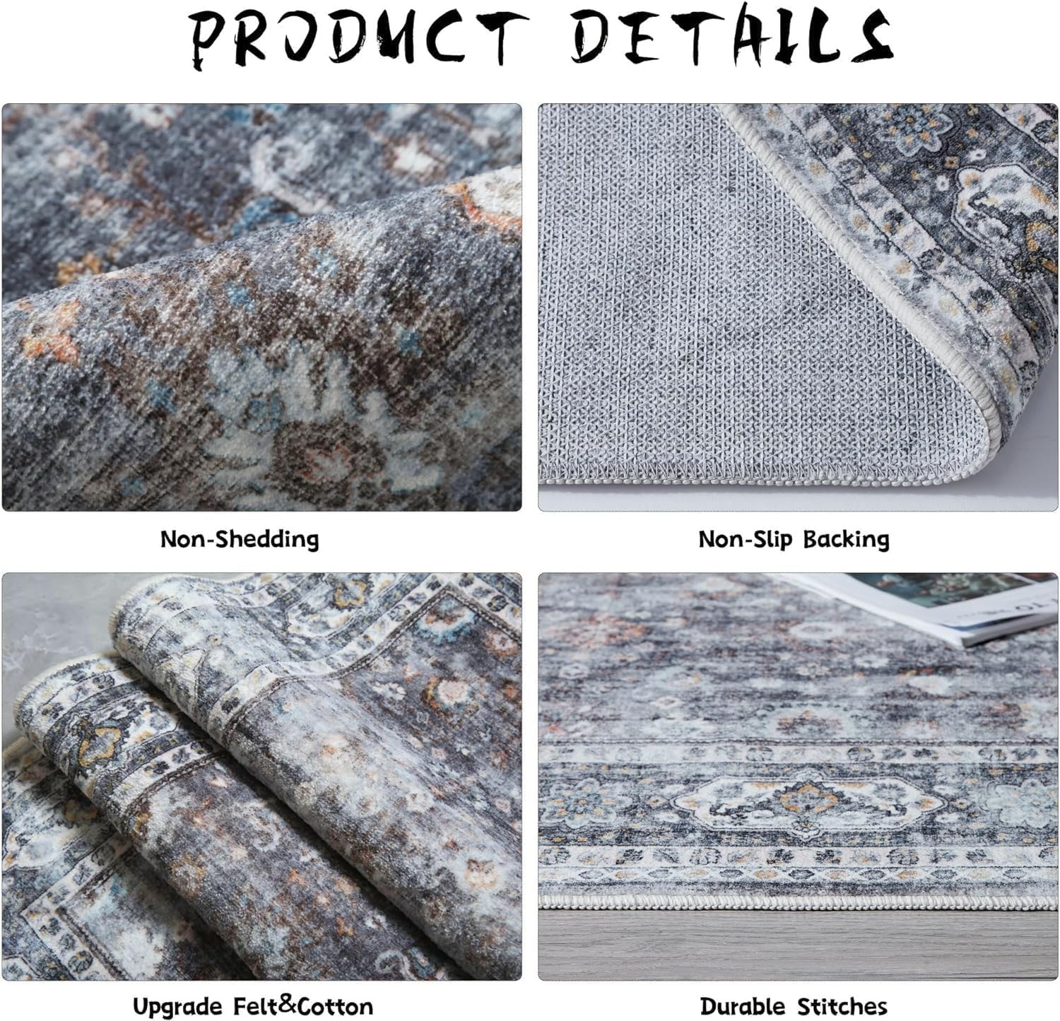 Runner Rug Hallway Runner Rug Washable Kitchen Runner Rugs with Rubber Backing 2'6''x8' 100% Polyester Vintage Rug for Entryway Indoor, Kitchen, Laundry, Bedroom (Grey and Brown)