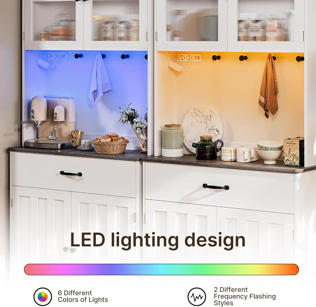 Gizoon 71" H Pantry Cabinet with LED Lights, Tall Farmhouse Kitchen Storage Cabinet with Charging Station, Modern Coffee Bar with Doors and Drawers, for Dining Room, Tabletop-Grey
