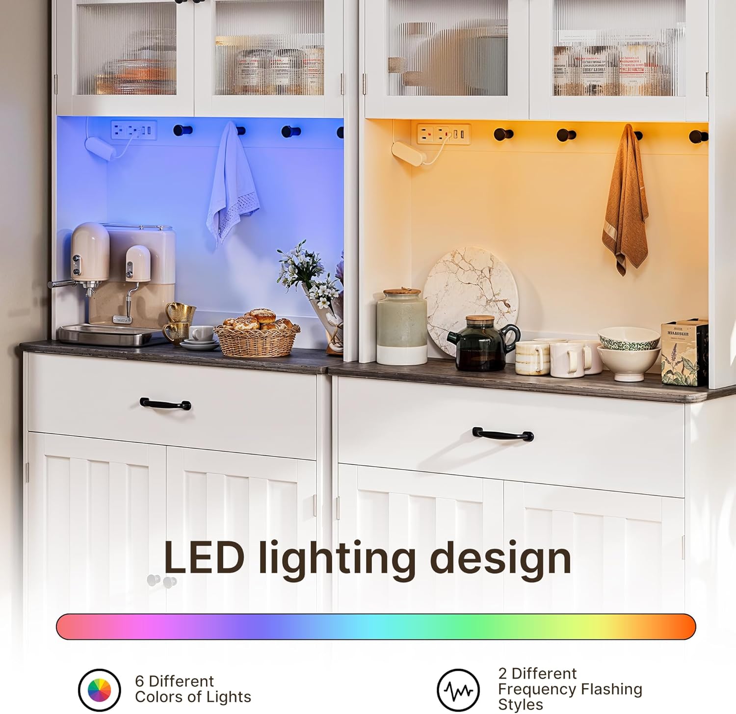 Gizoon 71" H Storage Cabinet with Strip Light, Kitchen Pantry Cabinet with Doors and Drawers, White Hutch with Charging Station and Adjustable Shelves, for Coffee Bar, Dining Room, Table Top-Retro