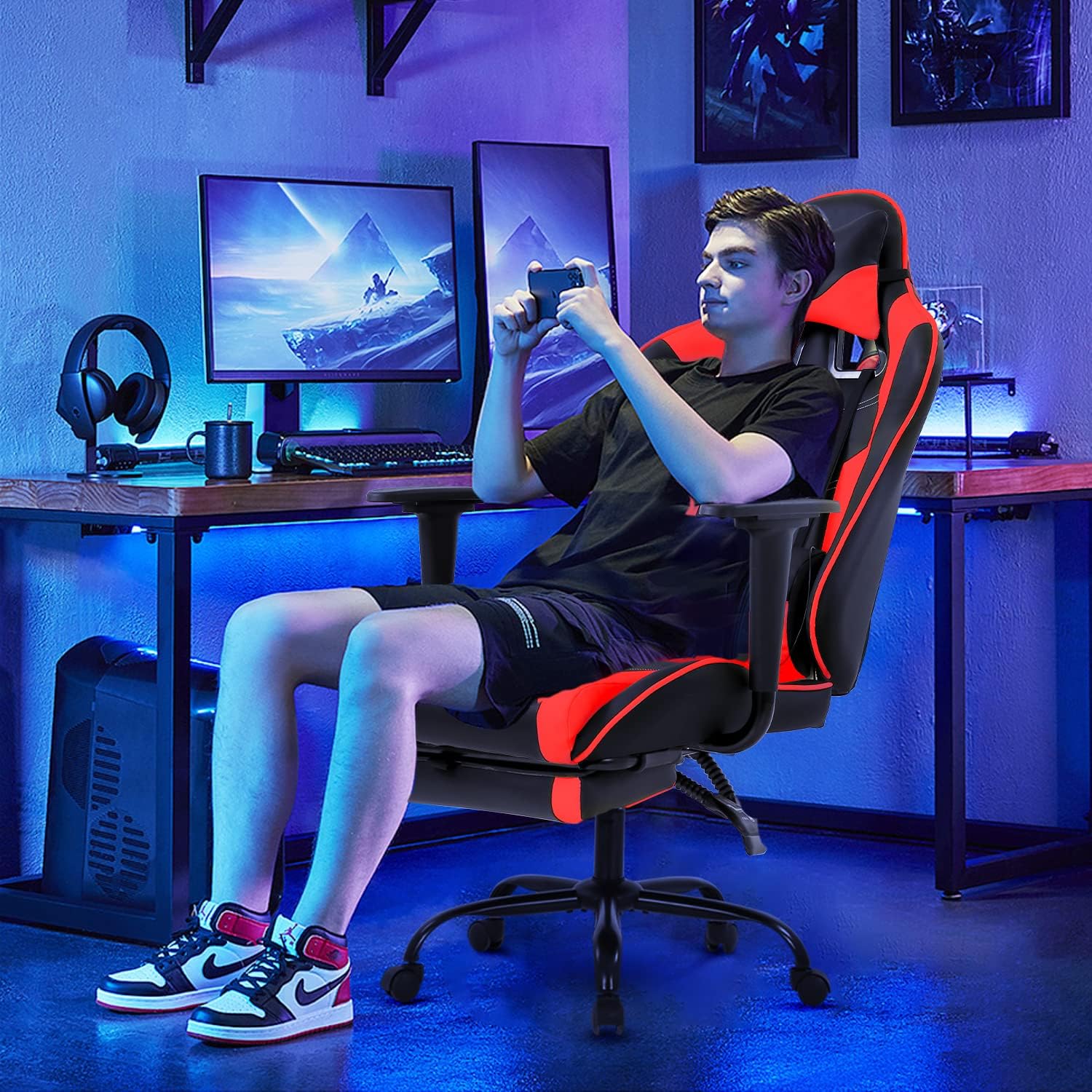 Gaming Chair Computer Chair Ergonomic Gaming Chair with Footrest Reclining High Back Video Game Chair with Lumbar Support Headrest Armrest Swivel Seat for Women, Men (Red)