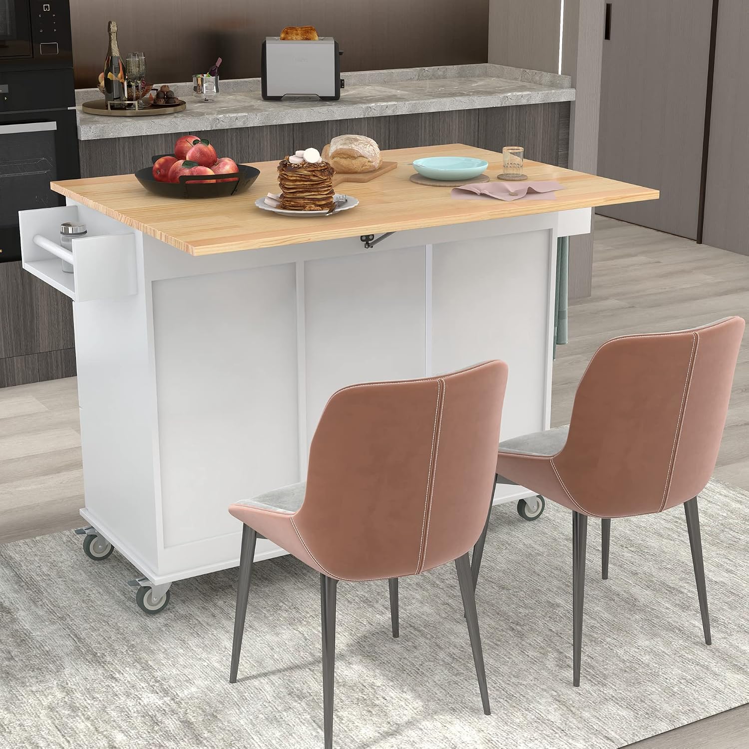 COMHOMA Mobile Kitchen Island with Solid Wood Top and Locking Wheels,Storage Cabinet and Drop Leaf Breakfast Bar,Spice Rack, Towel Rack & Drawer