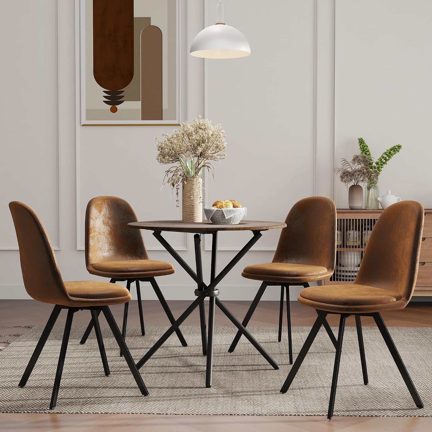 FurnitureR Set of 4 Swivel Suede Dining Chairs, Armless Mid-Back Upholstered Side Chairs with Padded Seat and Metal Legs, Comfortable Fabric Chair for Dining Room, Kitchen, Café, Restaurant – Brown