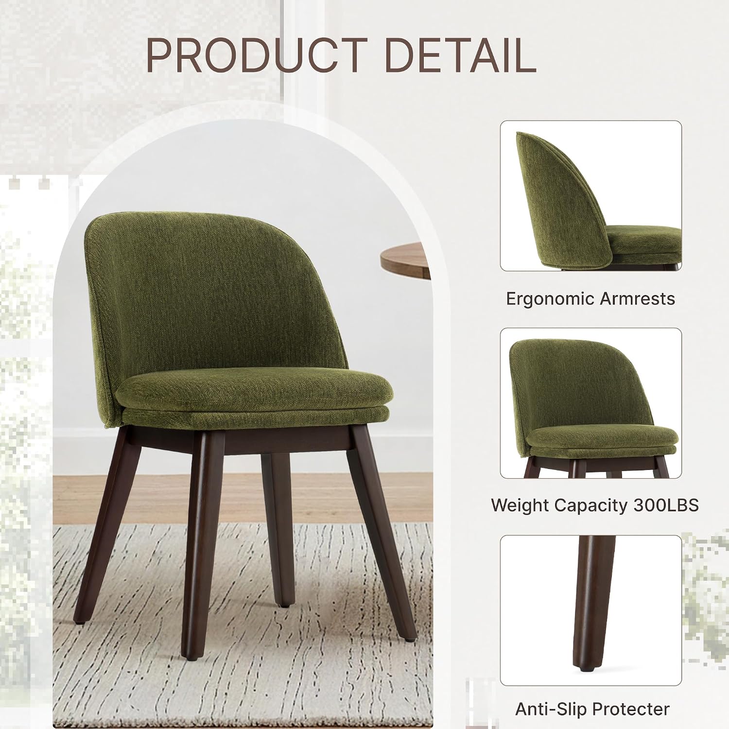 KISLOT Wooden Dining Chairs Set of 4, Fabric Upholstered Modern Dining Room Chairs with Double-Layer Thick Seat Cushion & Ergonomic Backrest for Restaurant, Kitchen and Café, Green, 2 Boxs