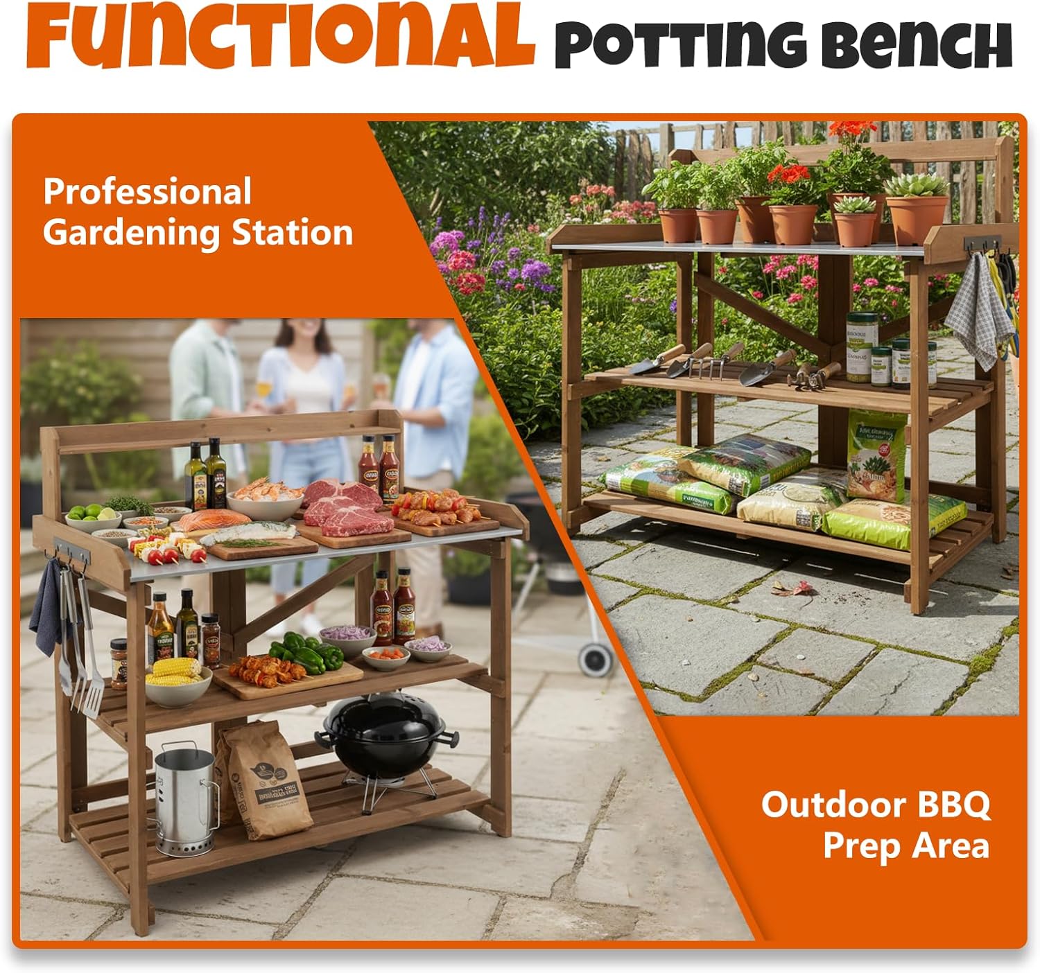 Outdoor Potting Bench Table, Indoor Wooden Work Station with Metal Table Top, Metal Hooks, Large Shelves, Heavy-Duty Gardening Workbench for Garden, Backyard, Patio, BBQ Prep Station, Easy Assembly