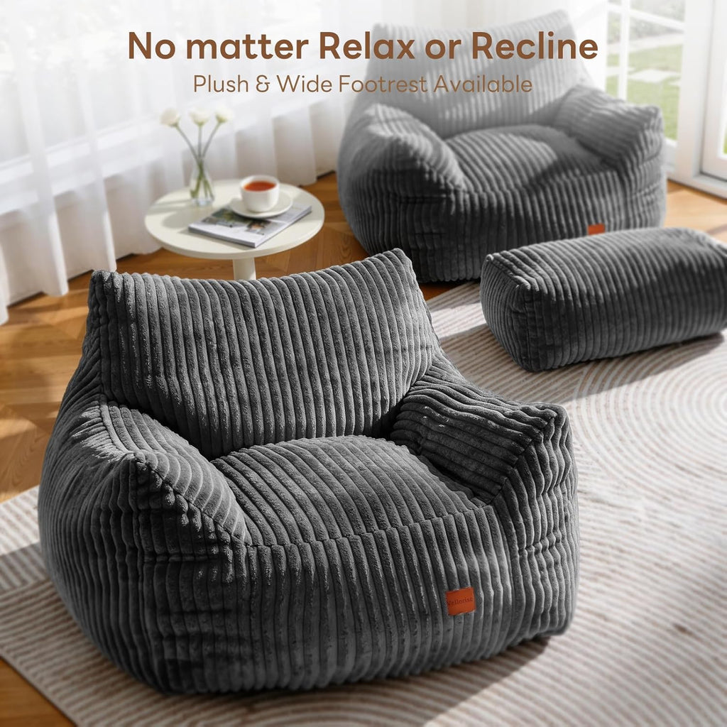 Giant Bean Bag Chair, Oversized Bean Bag Couch for Adults, Fluffy Corduroy BeanBag with Armrests & Ottoman for Living Room, Bedroom, Vacuum-Compressed for Gifting, 48h to Expand Dark Gray