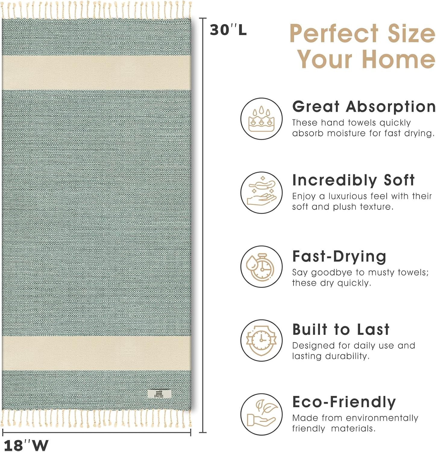 EPHESUS TOWELS Turkish Hand Towels - Set of 2 | 18" x 30" Decorative Boho Guest Bath Towel for Bathroom, Kitchen, Face, Hair, Tea, Dishcloth (Diamond, Mint)