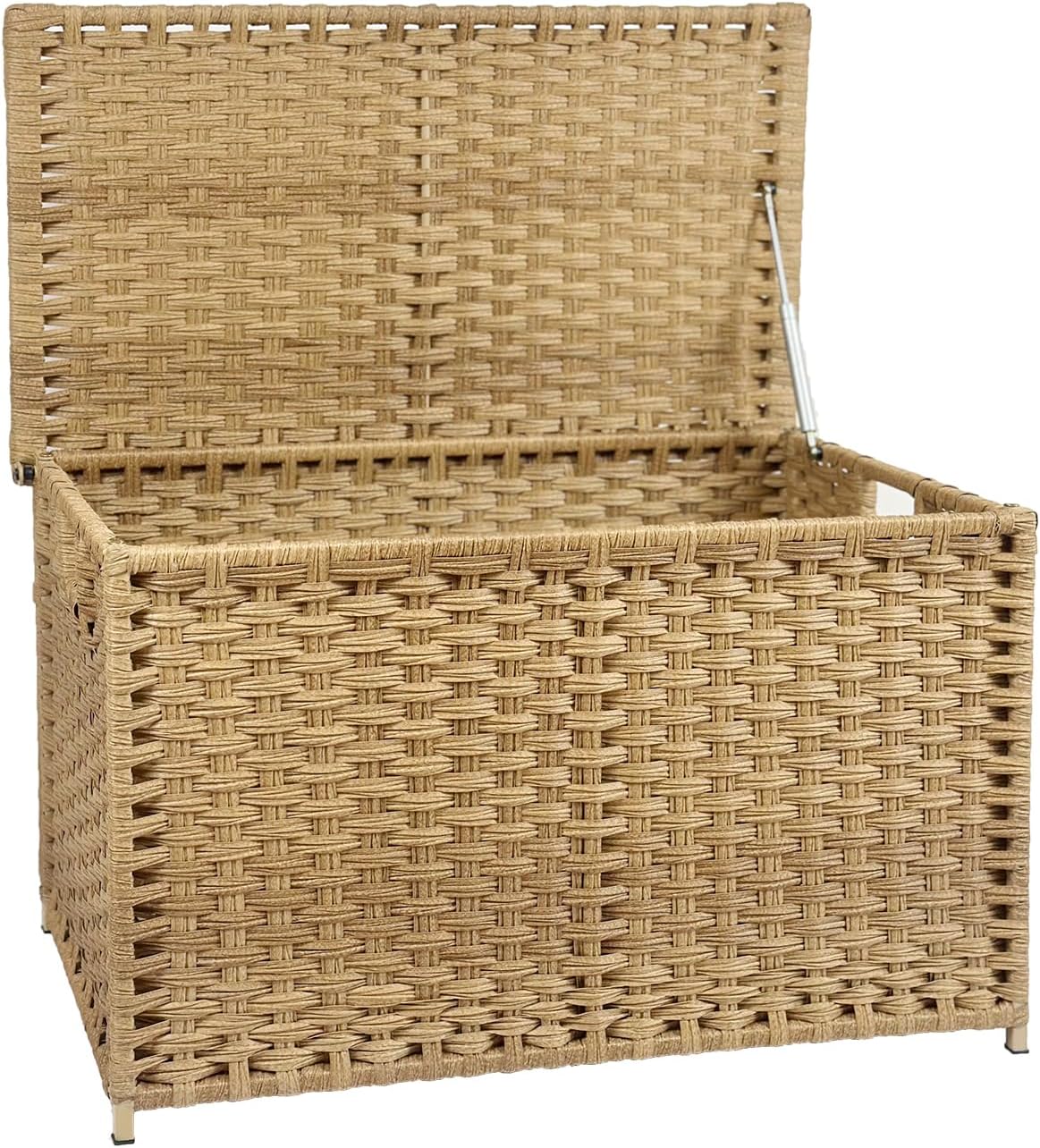 Wicker Storage Trunk, Large Storage Basket with Lid,Rural Natural | Handwoven Wicker Chest with Stay-Open Lid, 30 x 17 x 18 in, 160L（42.3 Gallon）Metal Frame, Easy to Assemble, Supports 200lb