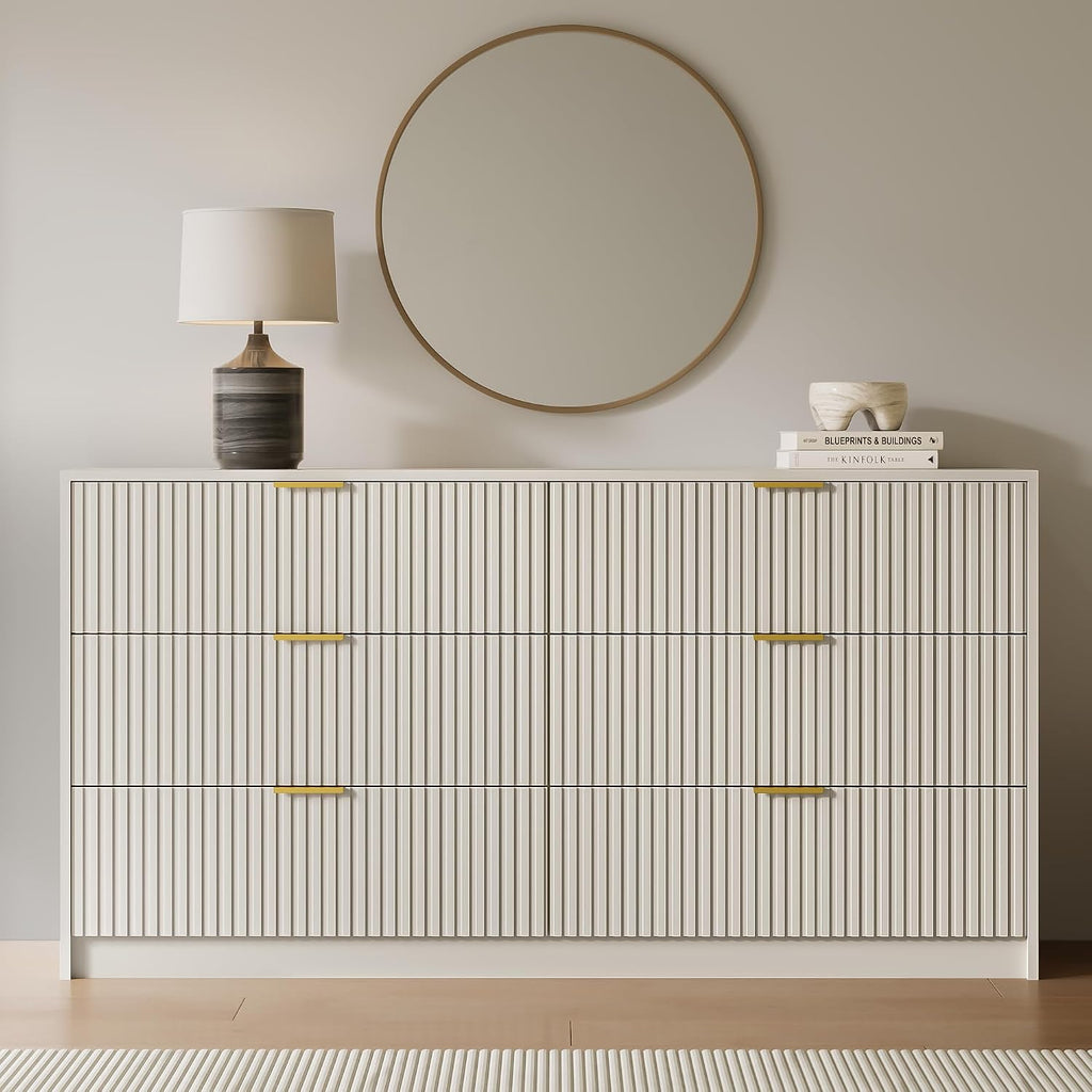 MAISONARIA 6 Drawer Dresser for Bedroom, 55" Wide Modern Chest of Drawers with Gold Metal Handles, Fluted Wood TV Stand for Living Room, Hallway(Beige)