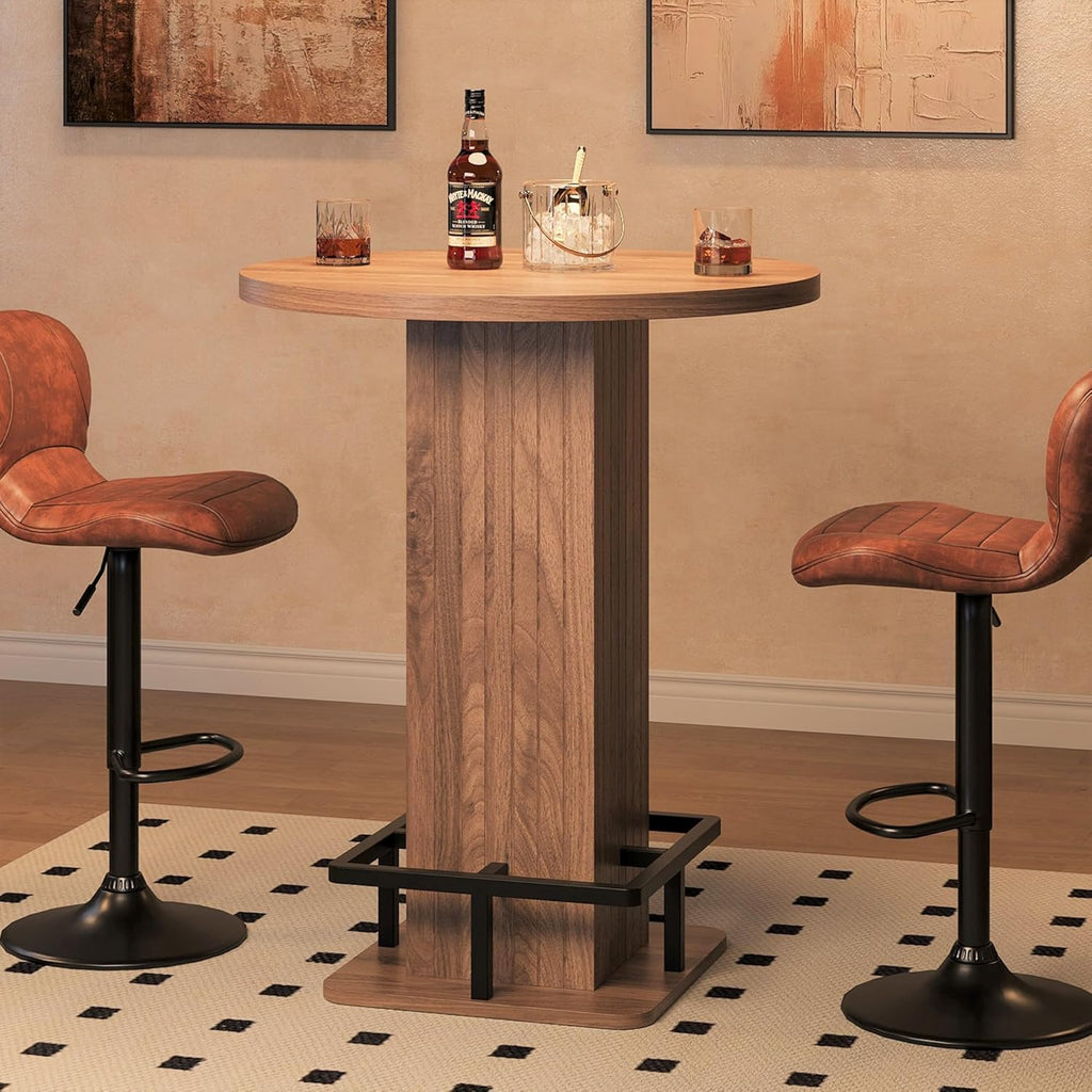 IRONCK Round Bar Table, 39.4" H Wood Bistro Pub Table with Metal Ring Footrest for Coffee Cocktail Dining Living Room, Bar Studio Apartment and Small Space, Brown(Only Table)