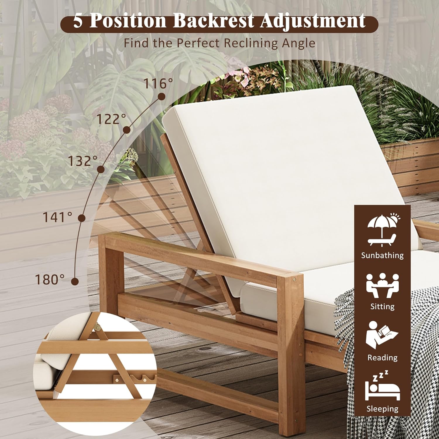 Outdoor Chaise Lounge Chair Set of 2, Patio Chaise Lounge Recliner with Adjustable Backrest, Acacia Wood Poolside Chaise Lounge with Thick All-Weather Cushions for Patio, Deck and Backyard(B)