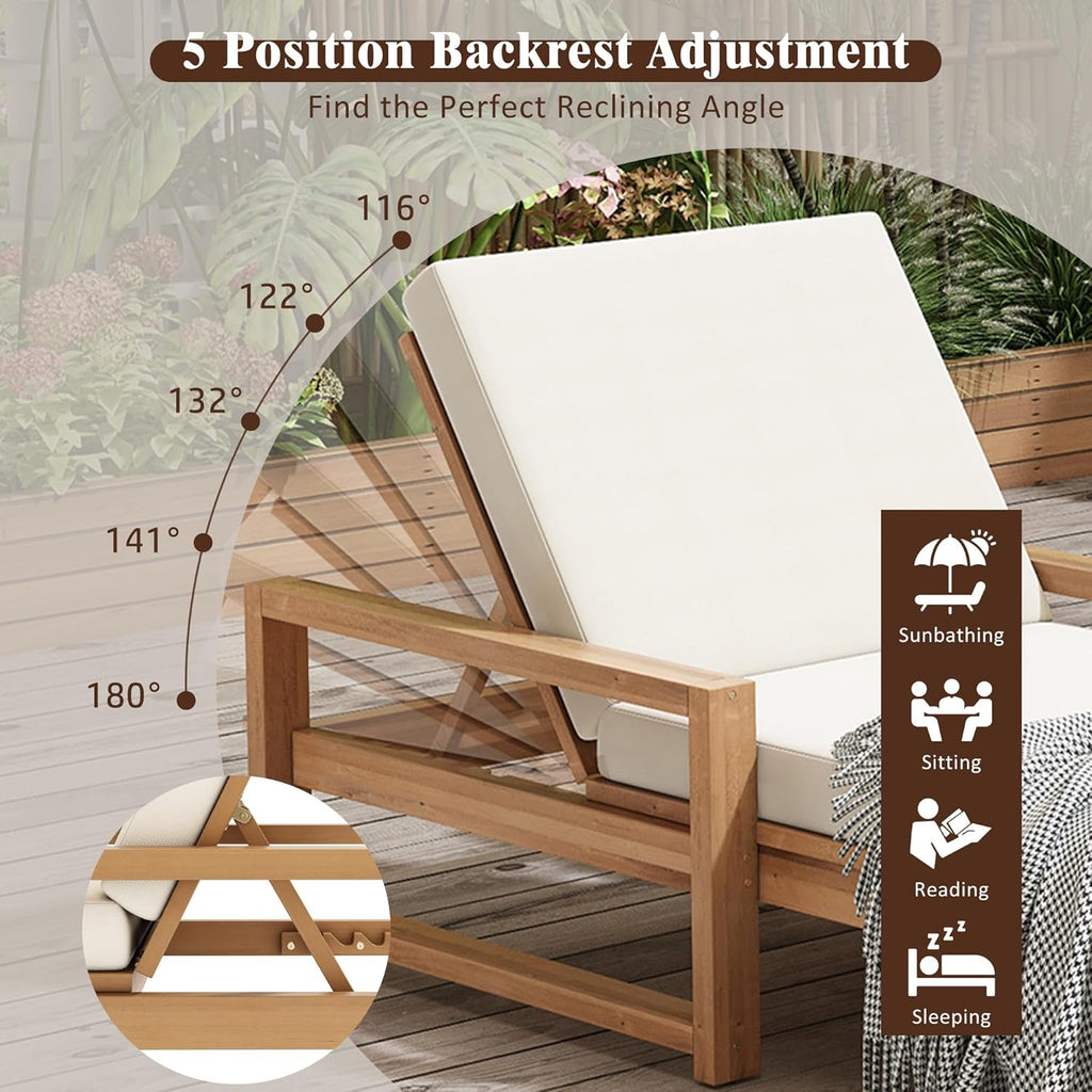 Think 30Lounge Chair Set of 2, Patio Sun Tanning Chair, Outdoor Chaise Lounger with 5-Position Reclining Back, for Pool, Balcony & Garden,Light Teak