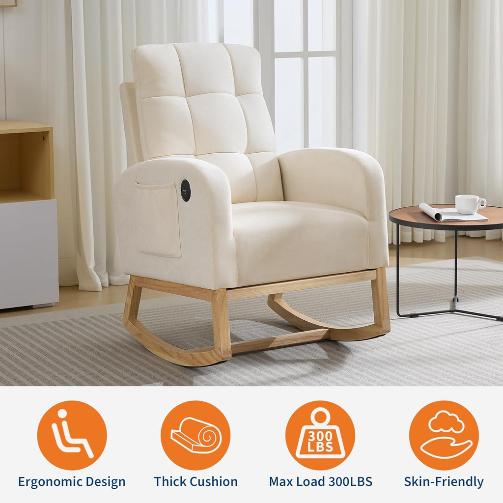 Modern Nursery Rocking Recliner with USB Charging, Upholstered Mid-Century Glider Chair with High Back, Side Pocket & Sturdy Wood Legs for Nursing Room, Bedroom, Living Room, Linen Beige