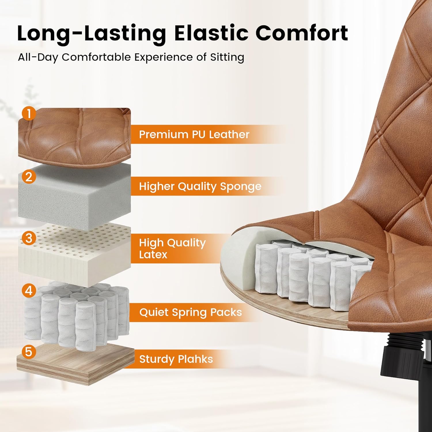 Armless Office Chair, Mid Back Modern Desk Chair with Rubber Wheels, 360 Swivel PU Leather Office Chair No Arms, Adjustable Height Small Computer Chair, Armless Desk Chair for Office, Brown