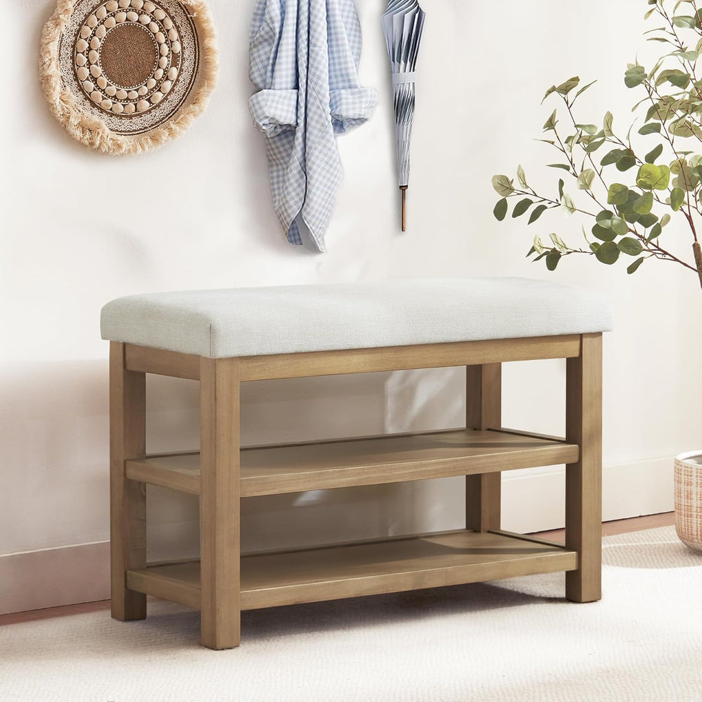 Zihanhome 2 Tier Shoe Rack Bench with Cushion, Solid Wood Shoe Benches, Mid-Century Modern Shoe Storage Bench for Entryway, Hallway, Living Room, Closet, Front Door Entrance, (Beige, 31.5")