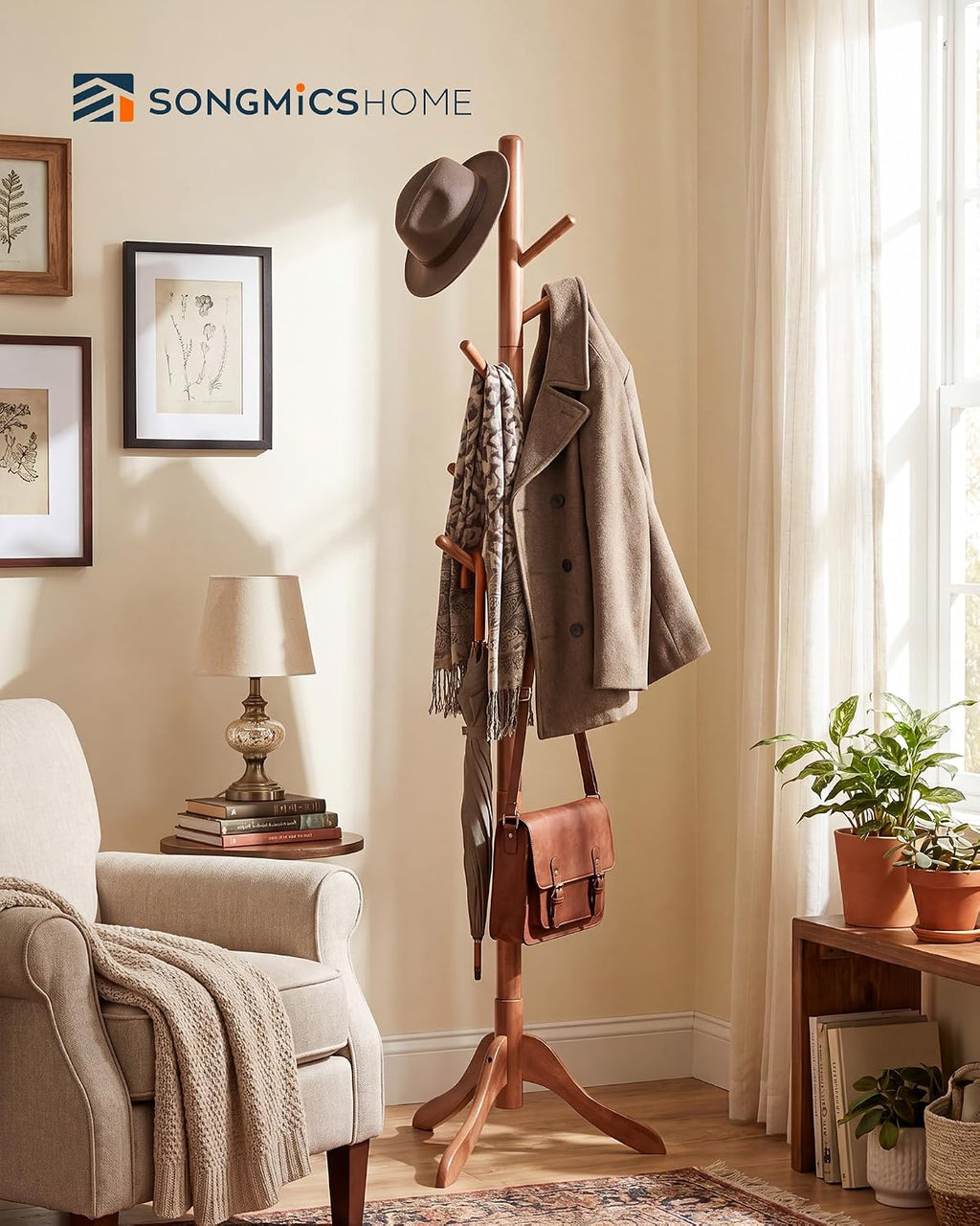 SONGMICS HOME Freestanding Coat Rack, Solid Wood, 8 Hooks, for Living Room, Bedroom, Home Office, 20.4 x 17.7 x 68.9 Inches, Dark Walnut