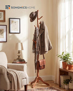 SONGMICS HOME Freestanding Coat Rack, Solid Wood, 8 Hooks, for Living Room, Bedroom, Home Office, 20.4 x 17.7 x 68.9 Inches, Dark Walnut