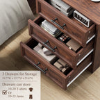 Walnut Night Stand with Charging Station, Farmhouse Bedside Table & End Table with 3 Drawers and Unique Base Design, Wood Nightstand with Metal Handles for Bedroom, Living Room