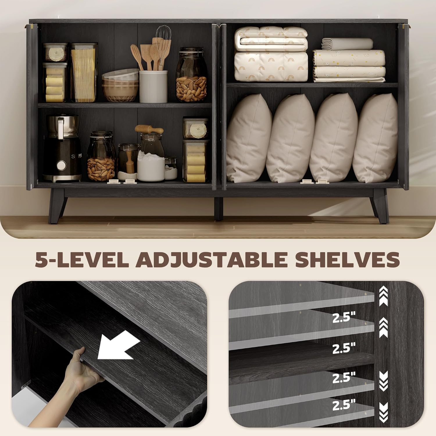 HOMCOM Fluted Sideboard Buffet Cabinet, 55" Modern Accent Console Cabinet with 4 Doors, 2 Adjustable Shelves and 5 Wood Legs, Dark Gray
