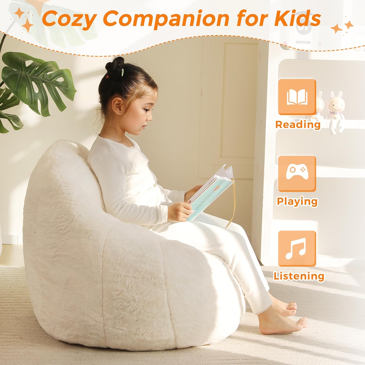 MAXYOYO Kids Bean Bag Chair, Comfy Bean Bag Sofa with Back Support, Faux Fur Cute Chair for Boys and Girls, Stuffed Floor Sofa for Nursery, Bedroom, Beige