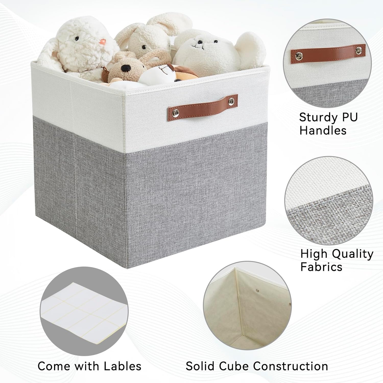 Bagnizer Collapsible Fabric Storage Cube Bins with 2 Reinforced PU Handles, Foldable Storage Organizer Baskets for Closet, Shelves, Living Room | 13"x13"x13", 4 Pack, Gray & White