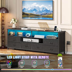 Furologee 55 Inch TV Stand, Entertainment Center with Power Outlets and LED Lights for 55 60 Inch TVs, Media Console Table Dresser with 6 Fabric Drawers, for Bedroom, Living Room, Black