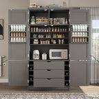 Large Kitchen Pantry Storage Cabinet, Freestanding Cupboard with 2 Power Outlets, Adjustable Shelves and Door Shelves, Tall Storage Cabinet for Kitchen, Dinning Room, Living Room (Grey)