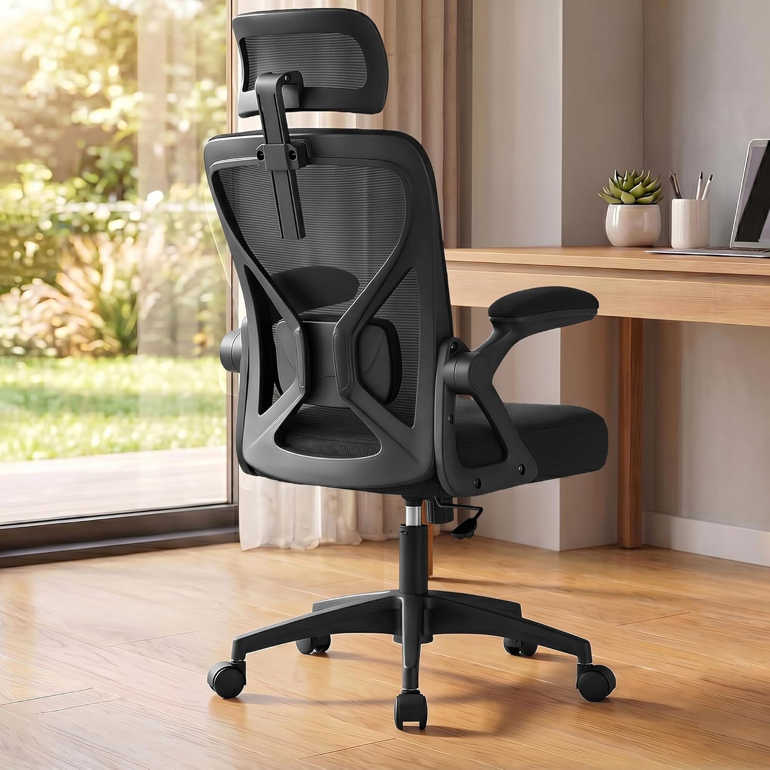 VASAGLE Ergonomic Mesh Office Chair with Adjustable Lumbar Support and Headrest, 90-105° Tilt Function, Wide Seat, Flip‑Up Armrests, Computer Desk Chair for Home Office, Ink Black UOBN044BH01S