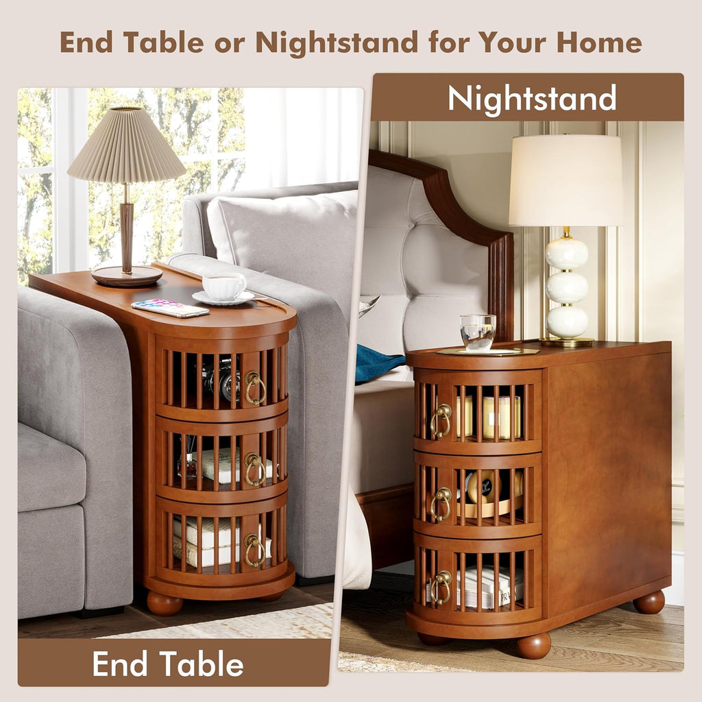 No Assembly Required 3-Drawer Wood End Table with Grooved Hollow Drawers and Premium Solid Wood Original Legs (1, Brown)