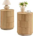 JXQTLINGMU Fluted Nightstand Set of 2 with 3 Push-to-Open Drawers, 24" Tall Round Side Table, Modern Wood End Table for Bedroom, Living Room or Small Spaces, Natural Oak