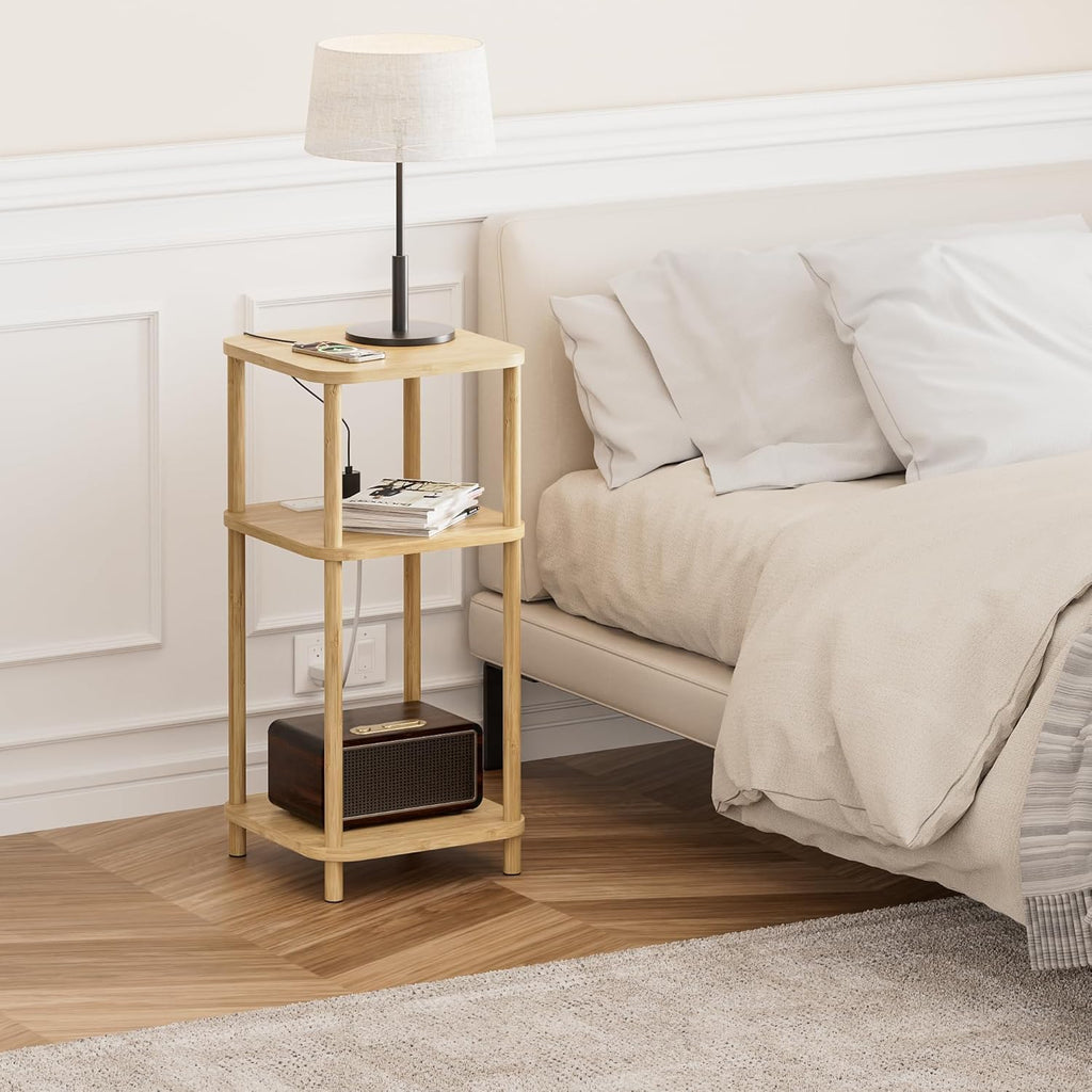 Bamboo End Table with Charging Station, Side Table for Small Space, Small Table Stand, Narrow Wooden Bedside Table Nightstand with Shelves, for Nursery, Living Room, Bedroom, Natural