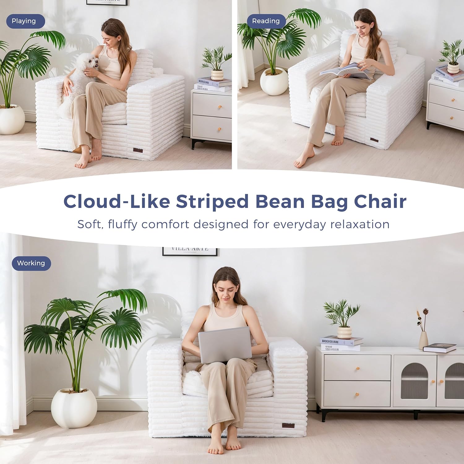 MAXYOYO Bean Bag Chair with Pillows, Floor Sofa with Armrests and Support, Plush Foam Filled Lounge Chair for Adults, Cozy Bean Bag Couch for Living Room, Bedroom, Apartment, Beige
