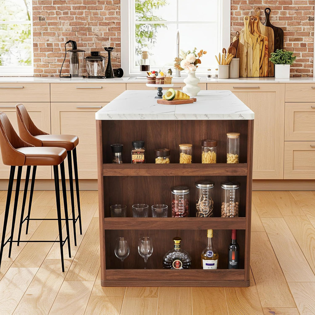 59" Kitchen Island with Storage & Seating for 2, Modern Stationary Kitchen Island with Faux Marble Top, 2 Drawers, Open Shelves & 5 Hooks, Counter Height Prep Table for Dining & Kitchen (Walnut)