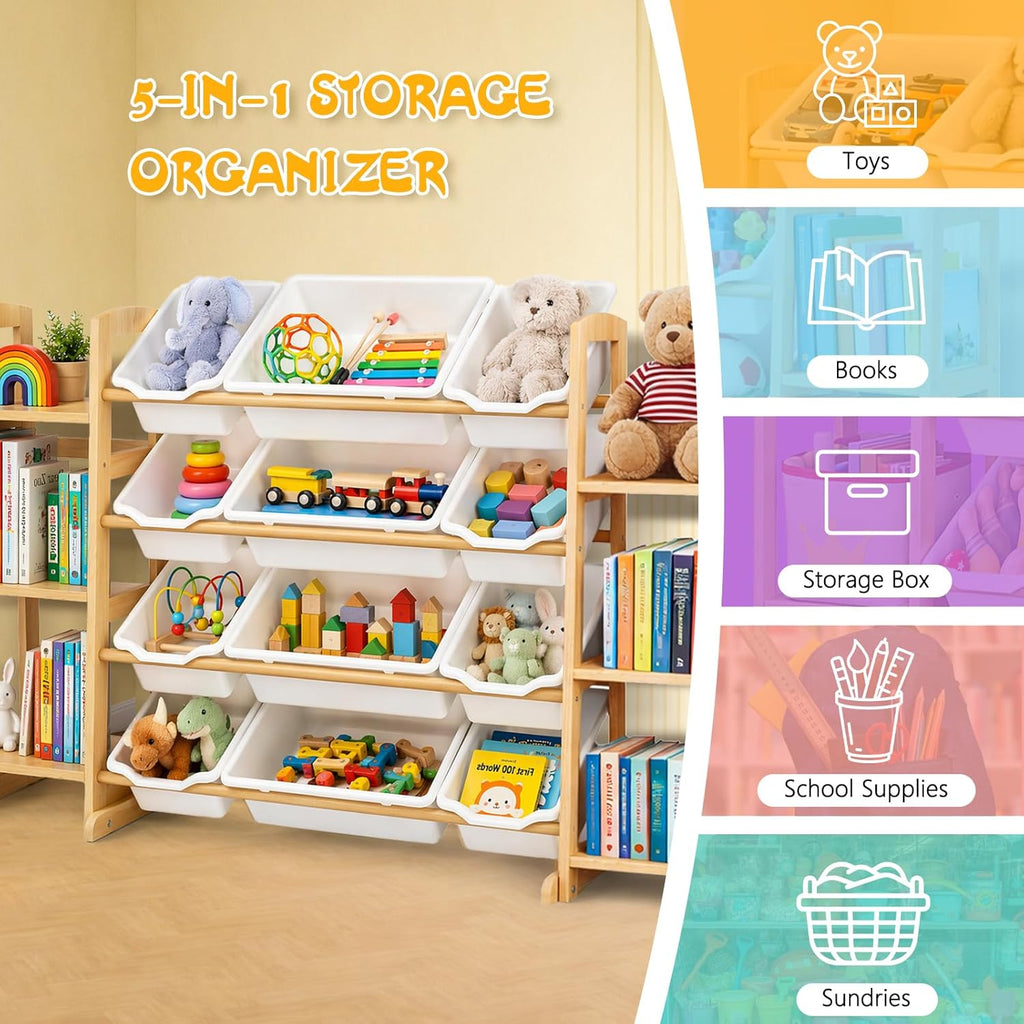 Toy Storage Organizer with Bookshelf – Wooden Toy Organizer with 12 Toy Bins & 6 Tier Bookcase,Quick Assembly Kids Bookshelf,Toy Bin for Playroom, Bedroom, Nursery– White