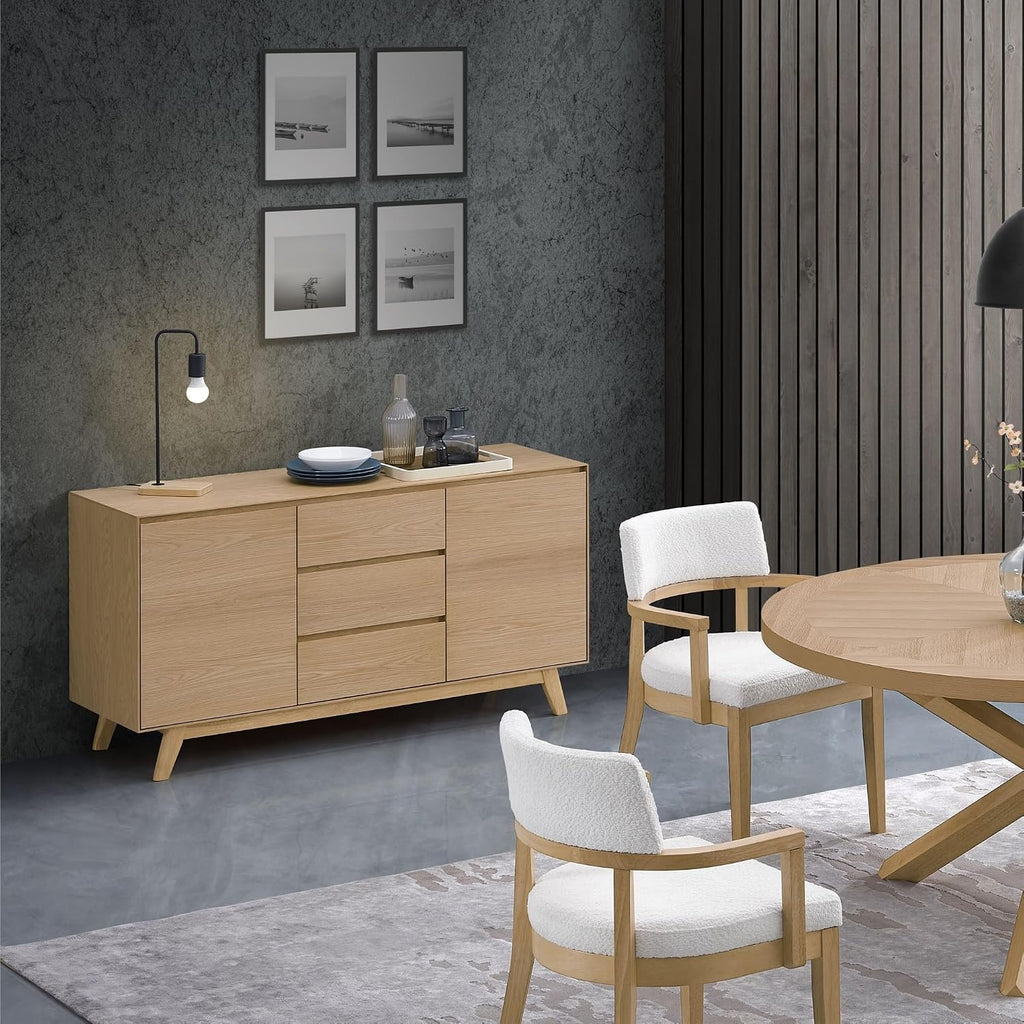 Oak Veneer Storage Cabinet, Dining Cabinet, Two Doors, Three Drawers, Spacious Storage Area,for Kitchen