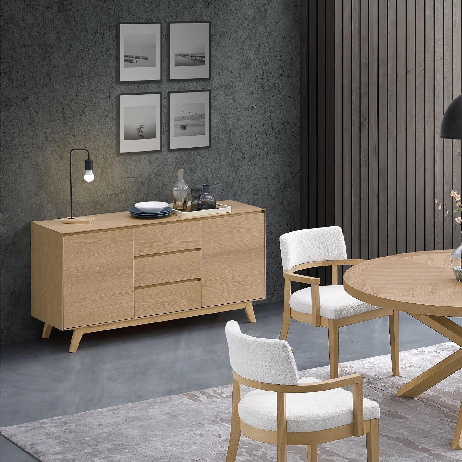Oak Veneer Storage Cabinet, Dining Cabinet, Two Doors, Three Drawers, Spacious Storage Area,for Kitchen