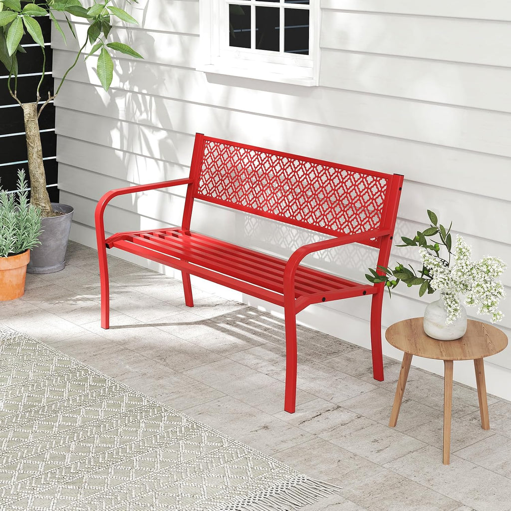 Tangkula 50 Inches Outdoor Garden Bench, Metal Patio Park Bench with Geometric Lattice Backrest, Armrests and Slatted Seat, Outdoor Loveseat Chair for Porch, Lawn and Yard (Red)