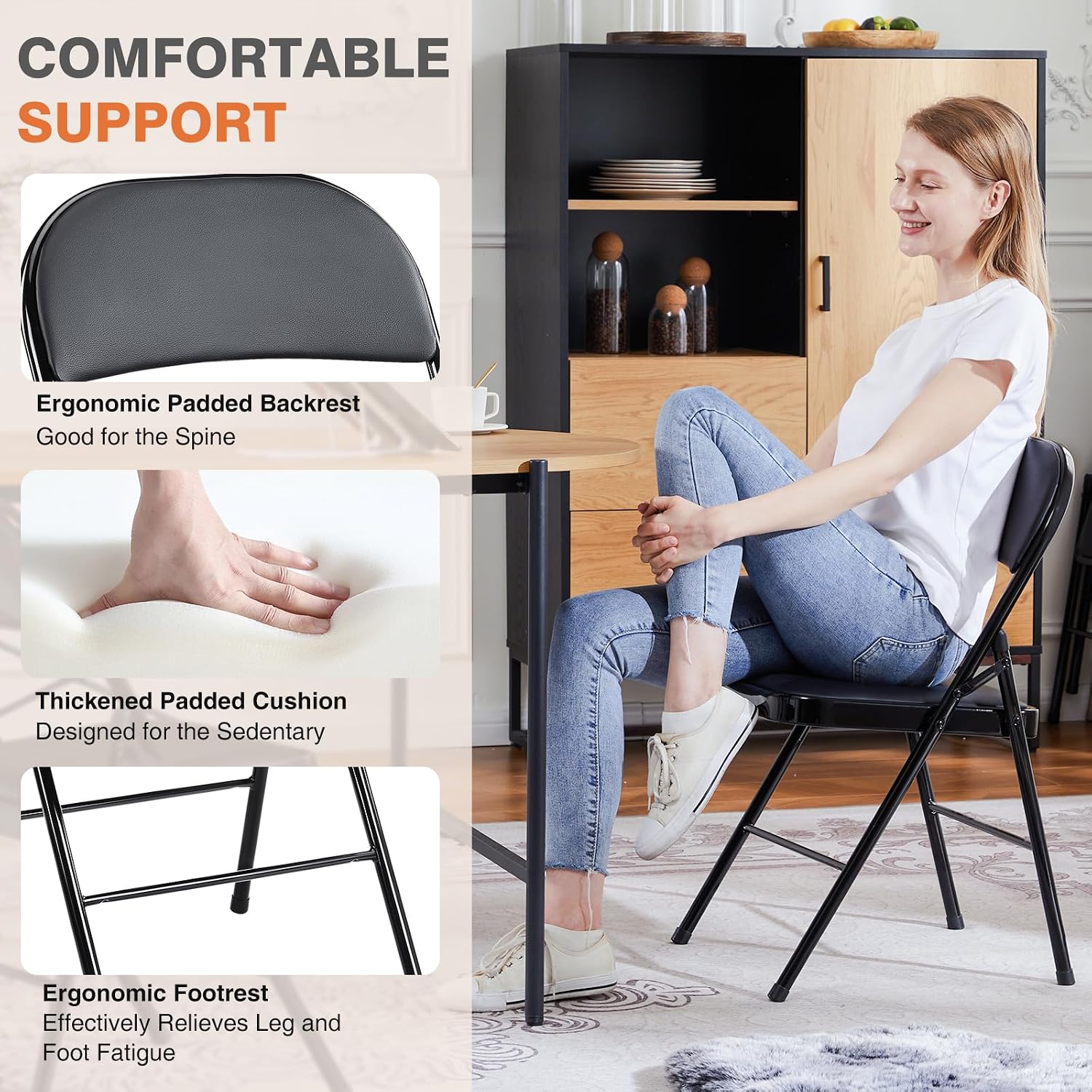 Sweetcrispy Folding Chair 2 Pack, Leather Padded Foldable Chairs, Sturdy Metal Portable Chairs, Easy to Use and Store, Outdoor and Indoor, for Home, Office, Party, Garden, Black