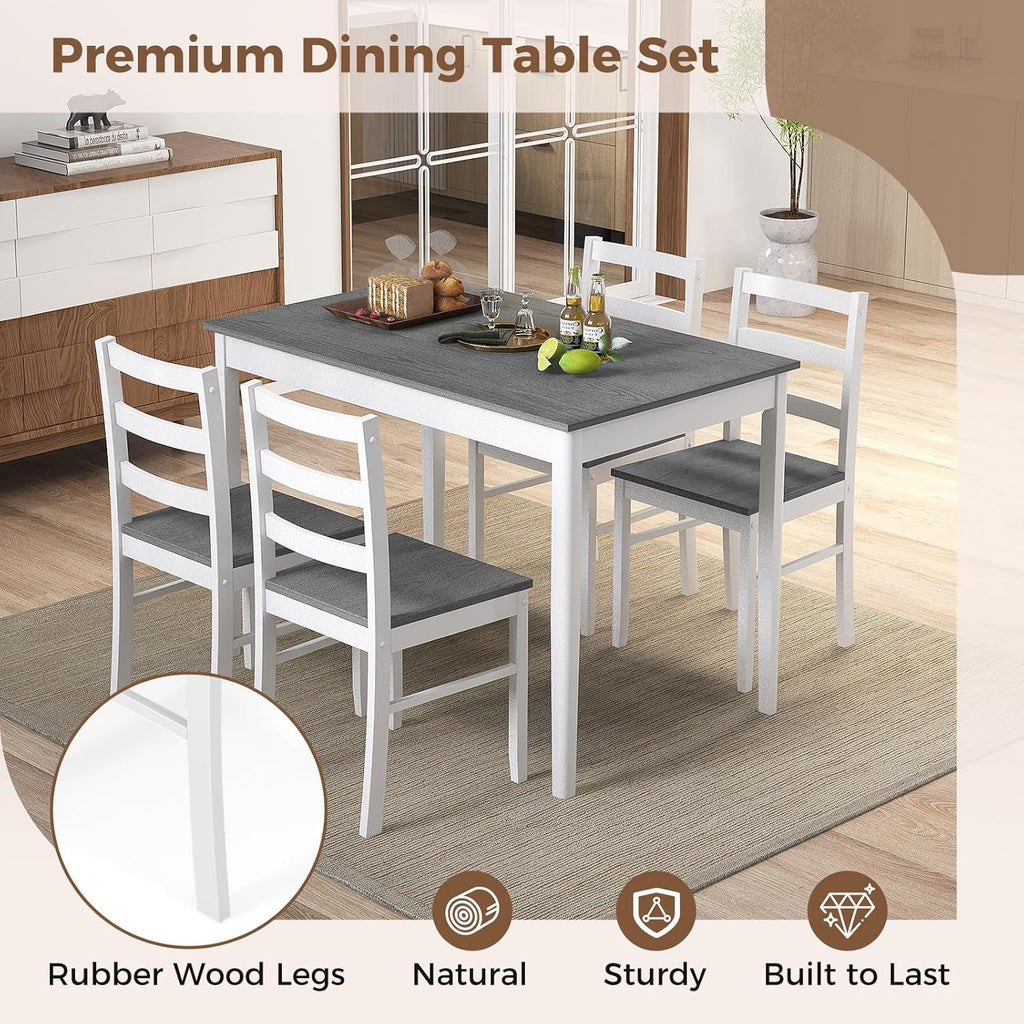 COSTWAY Dining Table Set for 4, 5-Piece Dinette Set with Rubber Wood Legs, Anti-Slip Pads & Space-Saving Design, Farmhouse Kitchen Table and Chairs for Kitchen, Apartment, Studio