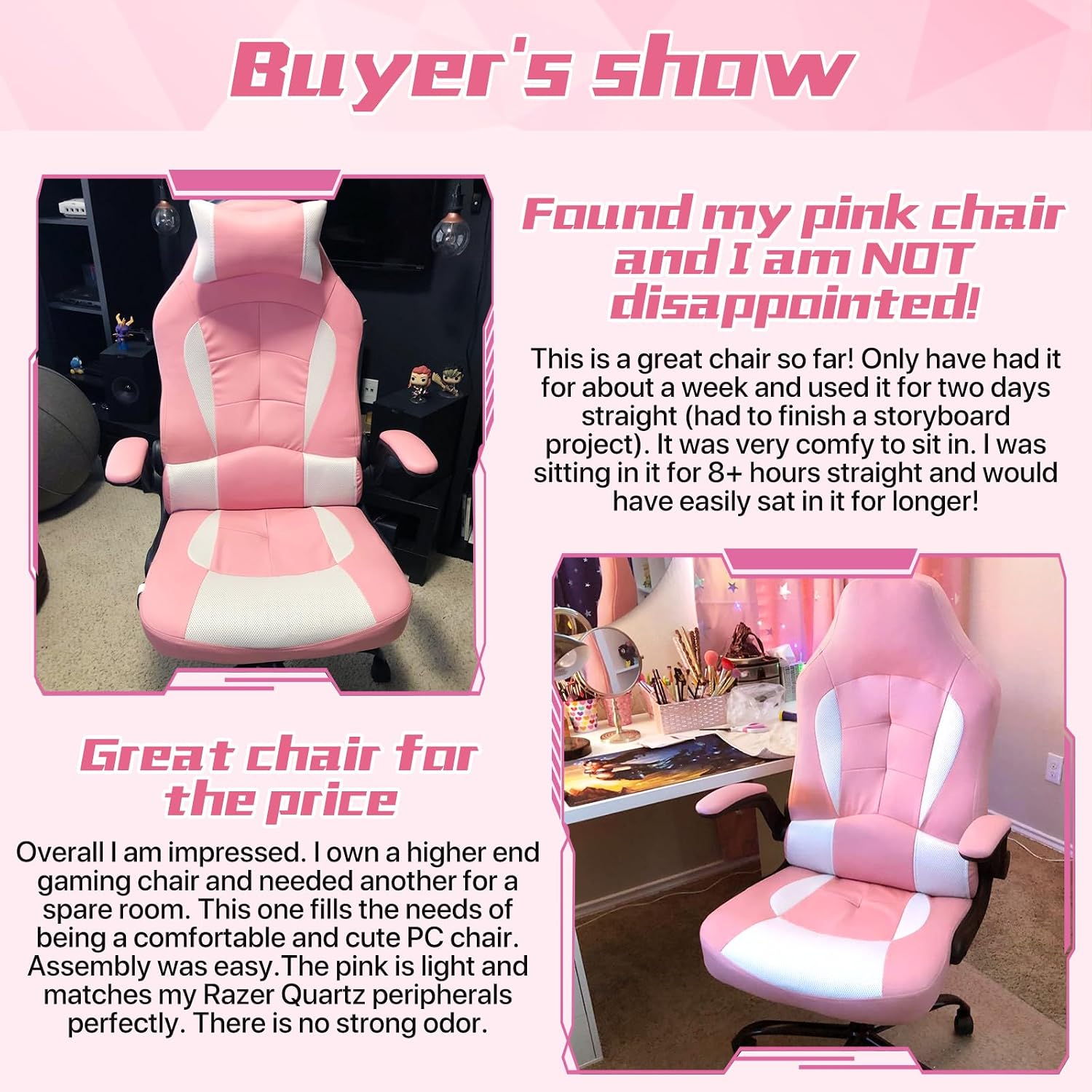 Pink Gaming Chair for Girls & Adults - Ergonomic High Back Office Desk Chair with Adjustable Lumbar Support, Flip-Up Arms & Headrest - PU Leather Swivel Computer Task Chair for Kids & Teens