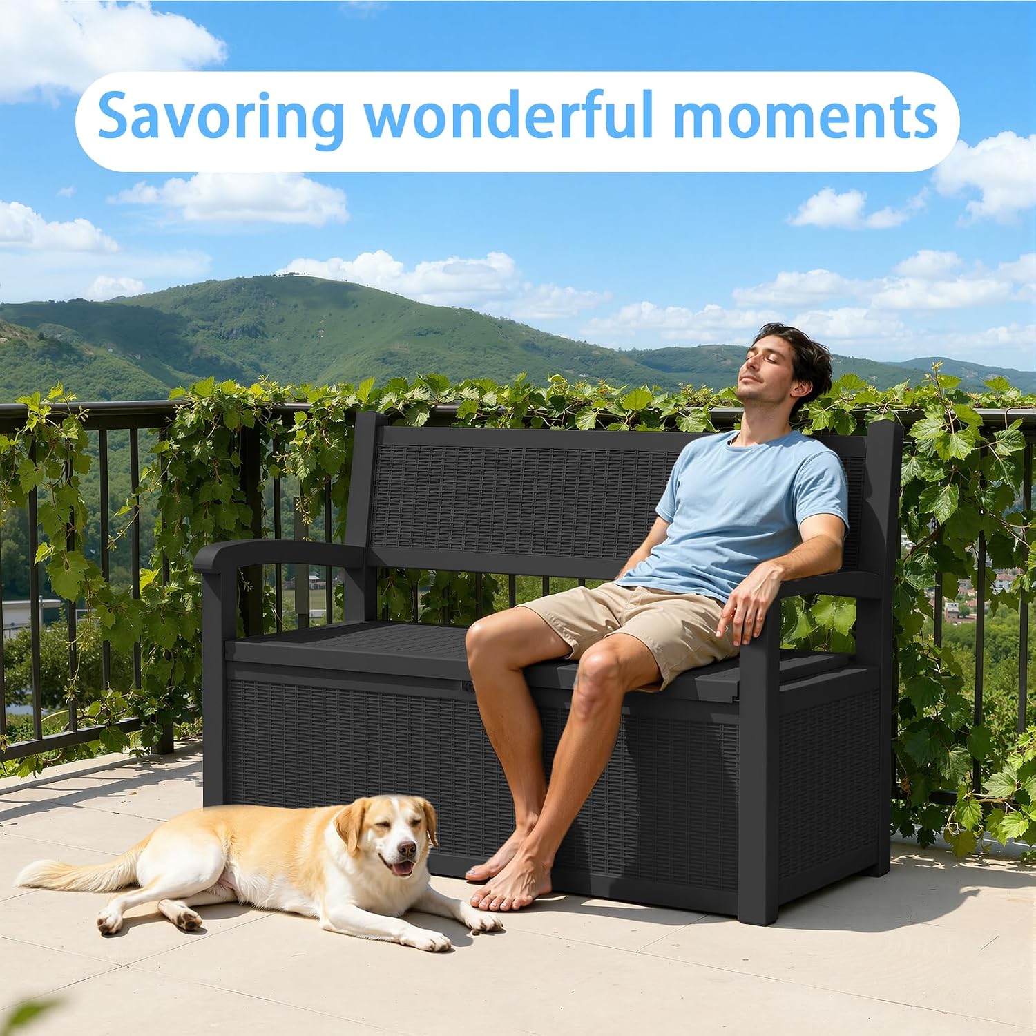 AmaVins 70 Gallon Outdoor Storage Bench Deck Box, Waterproof Lockable with Rattan-Woven Look, Outdoor Storage Furniture for Patio, Garden, Porch (Black)