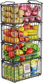 MSERCUOR 4 Pack Potato and Onion Storage Bin, Stackable Wire Fruit Basket for Kitchen Counter, Sweet Potatoes Storage for Kitchen Organization and Storage, Black Foldable Wire Basket