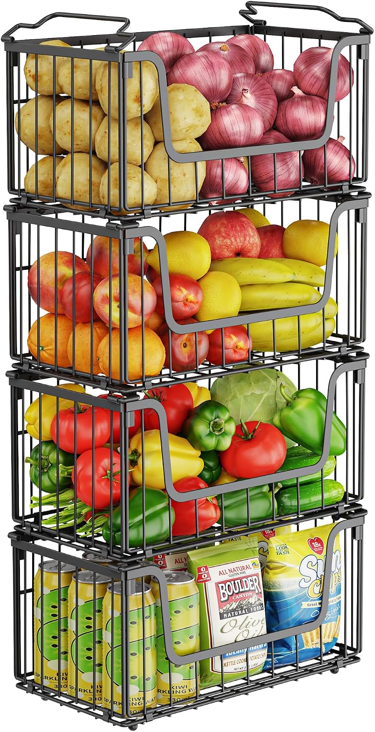 MSERCUOR 4 Pack Potato and Onion Storage Bin, Stackable Wire Fruit Basket for Kitchen Counter, Sweet Potatoes Storage for Kitchen Organization and Storage, Black Foldable Wire Basket